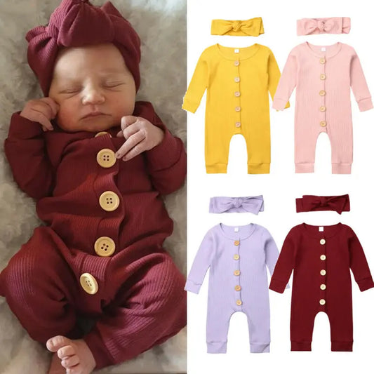 Spring Knitted Baby Jumpsuit Set with Headband