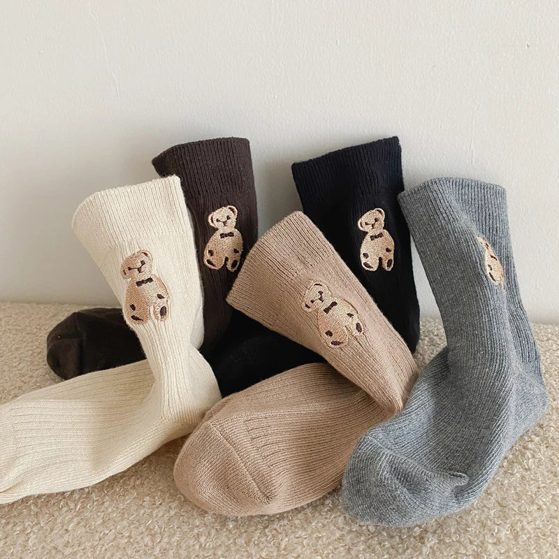 Cotton Retro Bear Embroidered Kids Socks: 1-9 Yrs