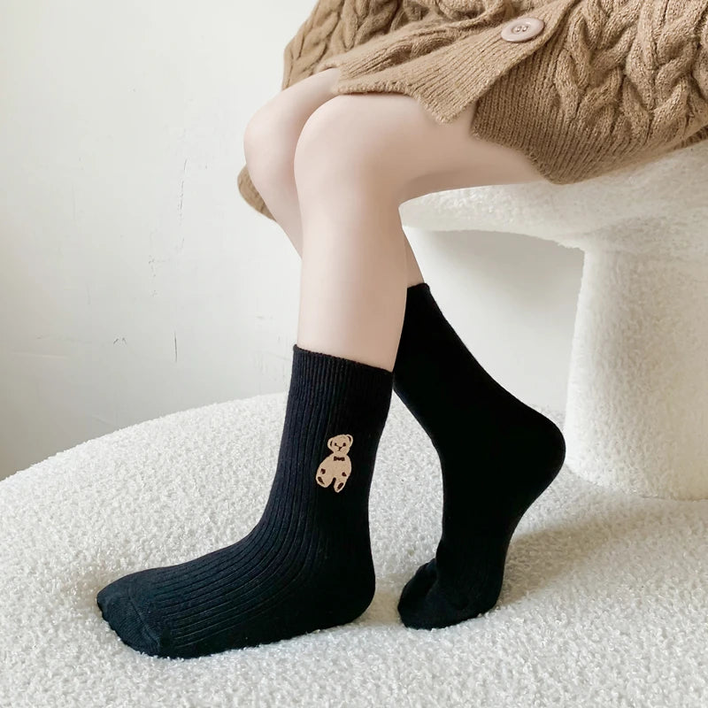 Cotton Retro Bear Embroidered Kids Socks: 1-9 Yrs